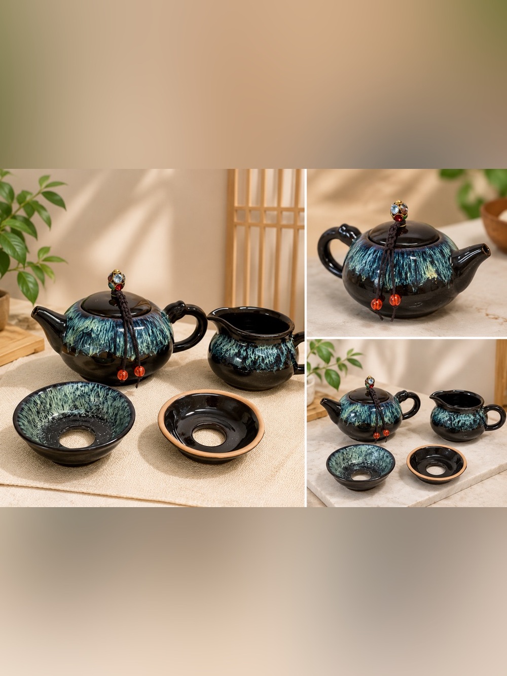 Chinese Ceramic Gongfu Tea Brewing Set - Kiln-Change Glaze (Teapot, Pitcher, Str